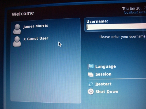 GDM login screen with X Guest User